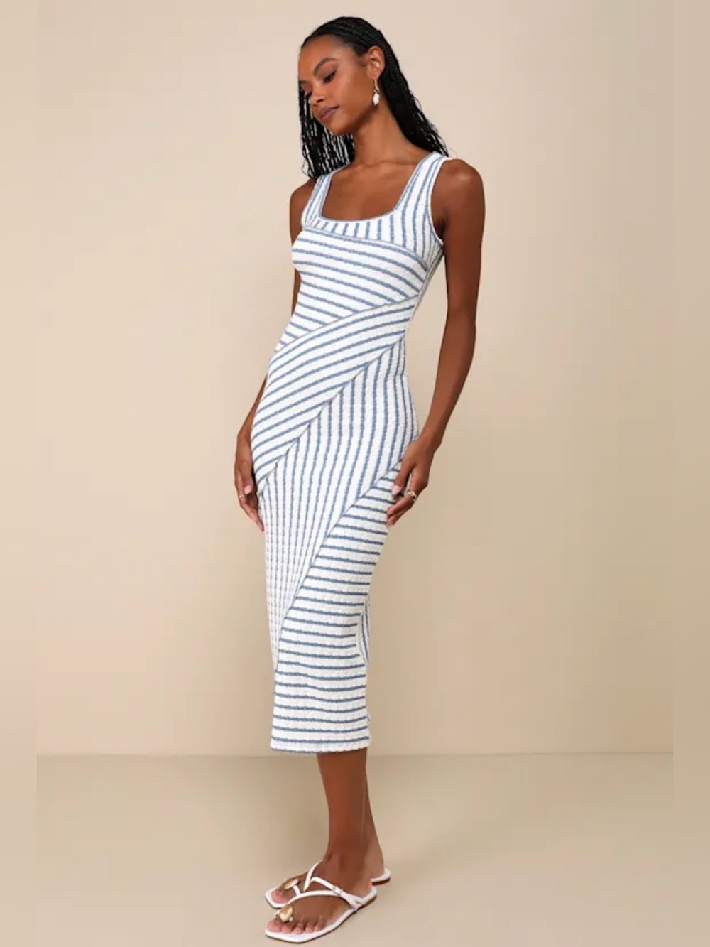 Lulus Constantly Trendy Blue Striped Crinkle Bodycon Midi Dress Size XS